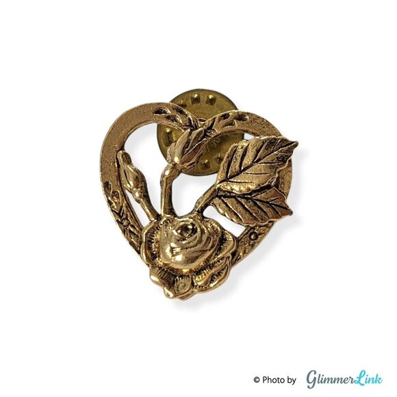 Camco Jewelry - Vintage CAMCO Heart Roses Antiqued Gold Tone Lapel Pin Tie Tack